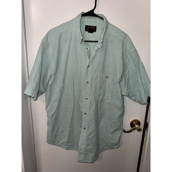 Eddie Bauer Mens Seersucker Stripe Short Sleeve Button Up Shirt L/G Mint Green - Picture 2 of 4